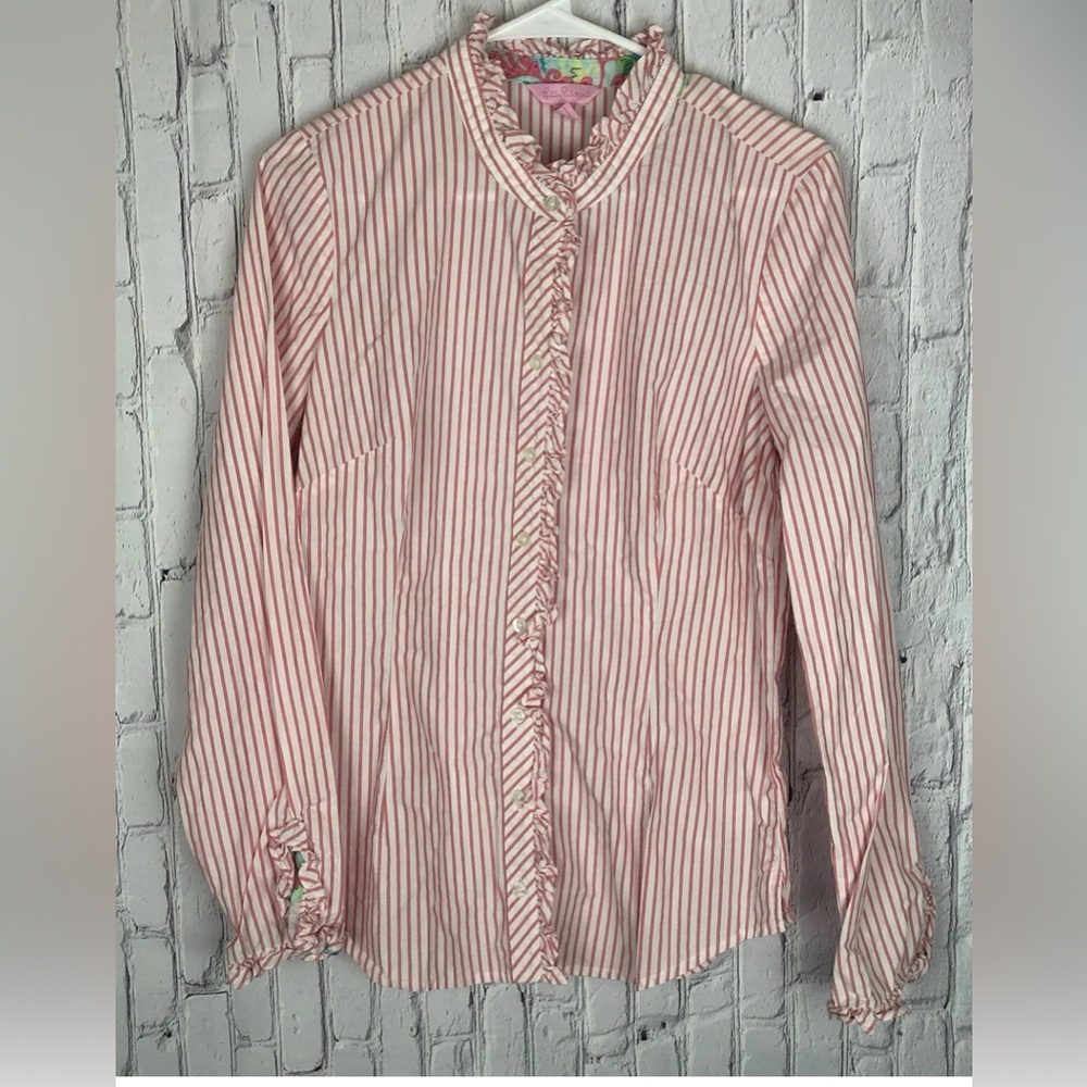 Lilly Pulitzer Pink and White Striped Ruffle Button Front Top sz 8